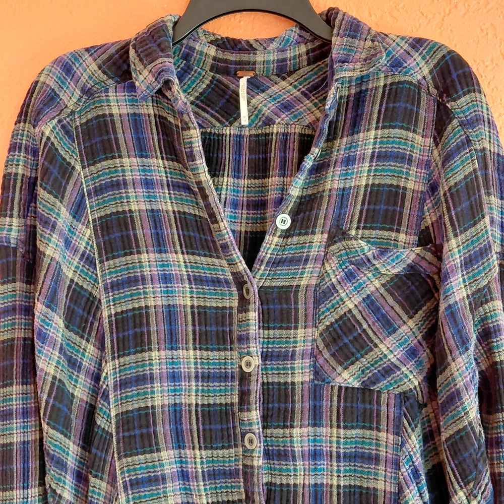 Free People Navy and Green Plaid Button-Down Shirt - Picture 4 of 16